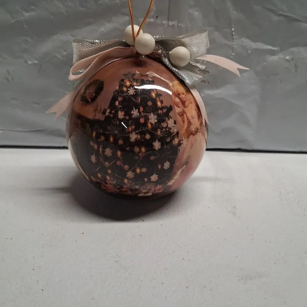1997 Matrix BARBIE round decoupage anniversary ornament includes a wooden stand